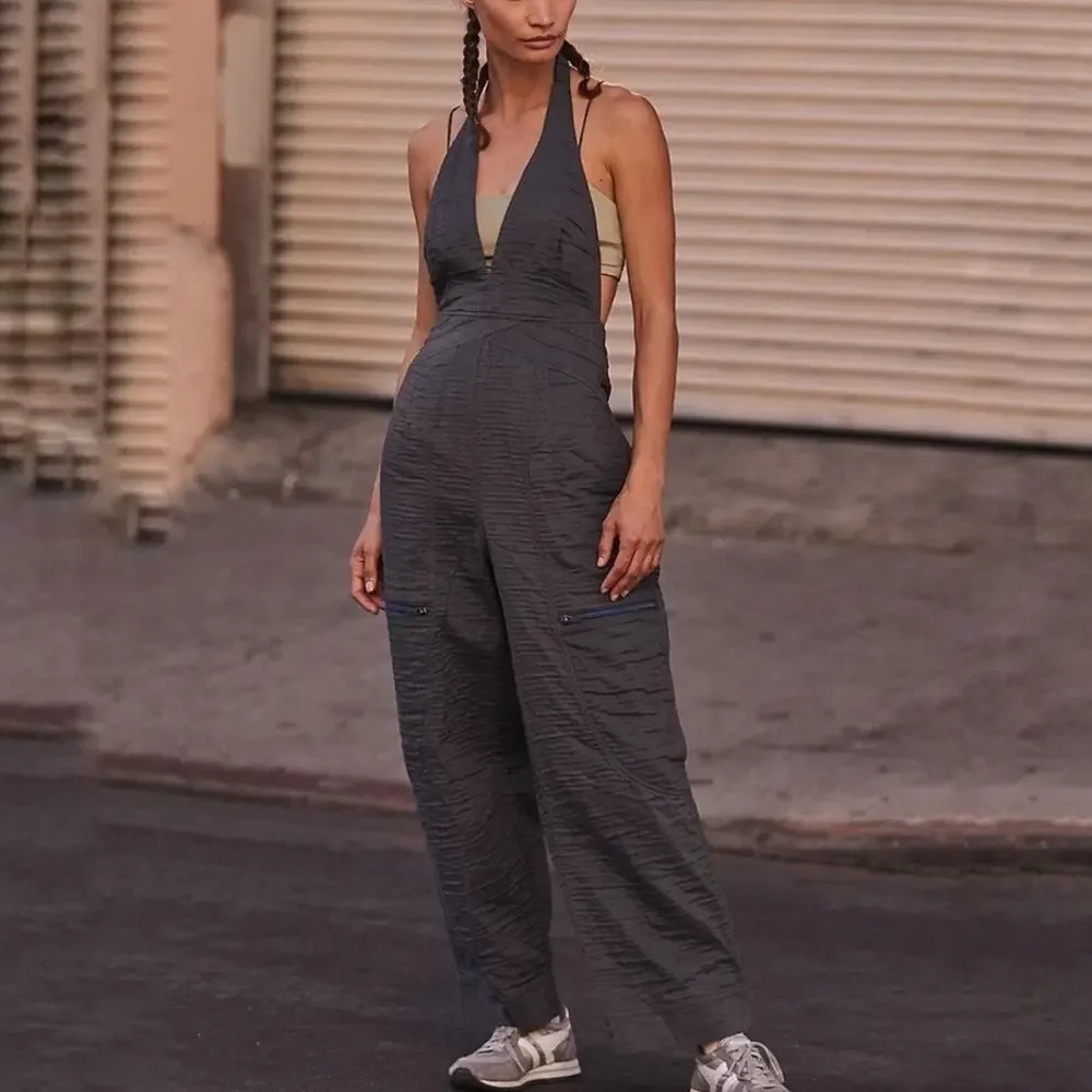 Free People Gray Huddle Up Jumpsuit Sz S